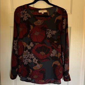 LOFT Women's Blouse with Red and Black Floral Design